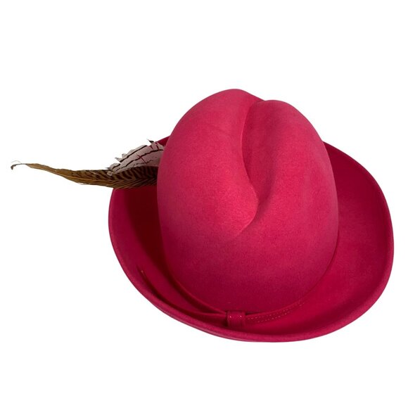 VTG Excello Hot Pink Wool Fedora Bowler Hat w/ Feather USA Bollman Mr. John - Picture 7 of 9